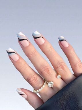 Neutral & White Black Blue Wave French Tip Press-On Nails & Nail Glue NWT